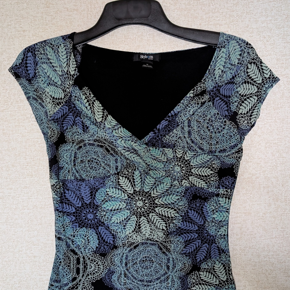 Style & Co. Blue and Black Patterned Blouse